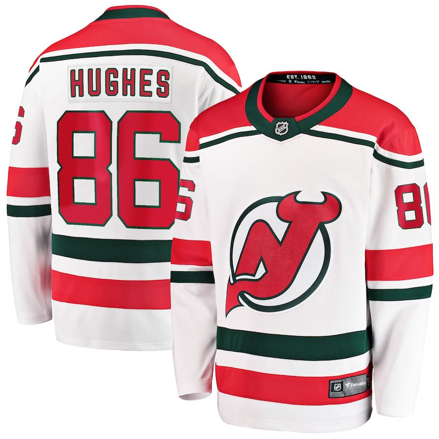 Men New Jersey Devils 86 Jack Hughes Fanatics Branded White 2022-23 Heritage Premier Breakaway NHL Jersey